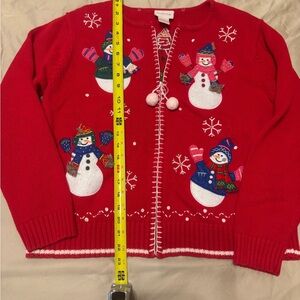 Crystal Kole Vintage Festive Red Snowman Zipper Cardigan Ugly Christmas sweater
